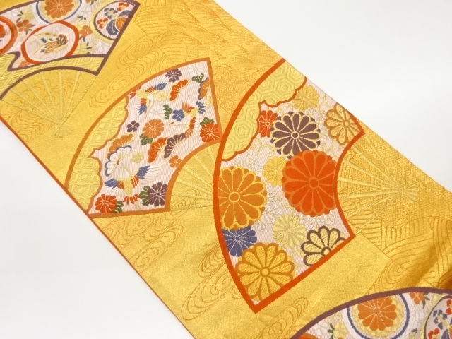 扇に花々・鶴・蝶模様織出し袋帯